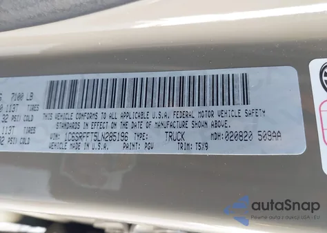 2020 Ram 1500 Big Horn 4X4 5'7 Box z USA, uszkodzony, nr VIN 1C6SRFFT5LN285196